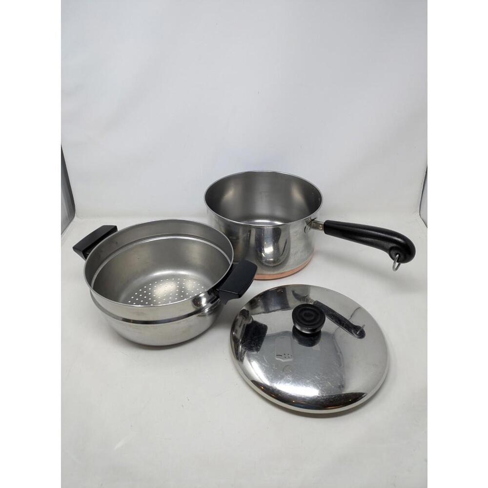 Revere Ware 4 Qt Saucepan Pot w/ Lid & Strainer/Steamer Stainless & Copper Vtg - Picture 1 of 6